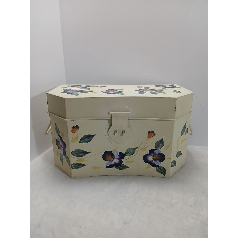 ​VINTAGE Hand Painted Metal SEWING BOX‎ CADDY Pansy Floral Trunk